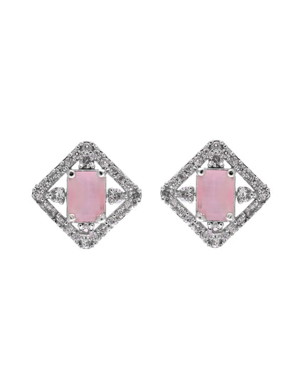 VOJ Silver Plated Baby Pink Rectangular Stone Square Pendant With Chain Set