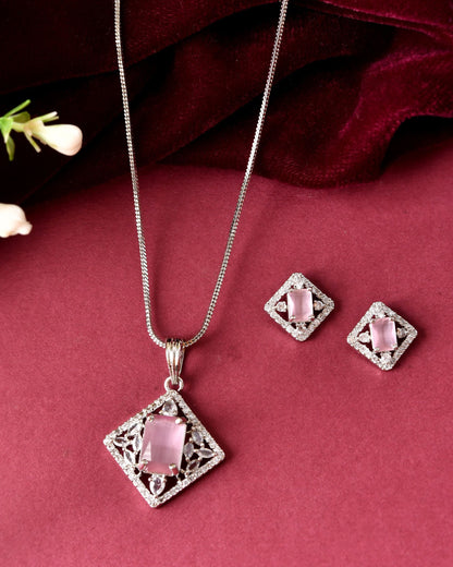 VOJ Silver Plated Baby Pink Rectangular Stone Square Pendant With Chain Set