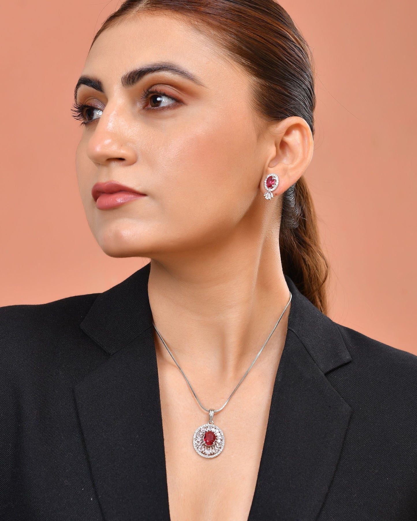 VOJ Silver Plated Ruby Red Circular Stone Studded Floral Ad Chain Set