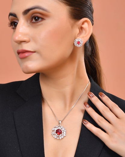 VOJ Silver Plated Ruby Red Circular Stone Studded Floral Ad Chain Set