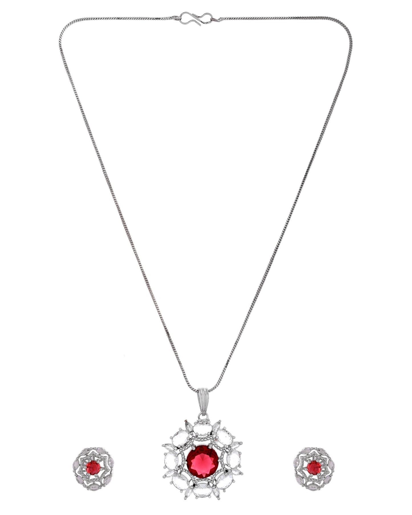 VOJ Silver Plated Ruby Red Circular Stone Studded Floral Ad Chain Set