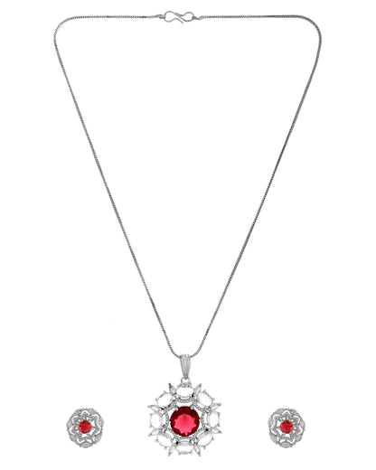 VOJ Silver Plated Ruby Red Circular Stone Studded Floral Ad Chain Set