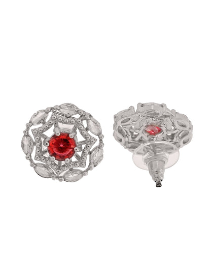 VOJ Silver Plated Ruby Red Circular Stone Studded Floral Ad Chain Set