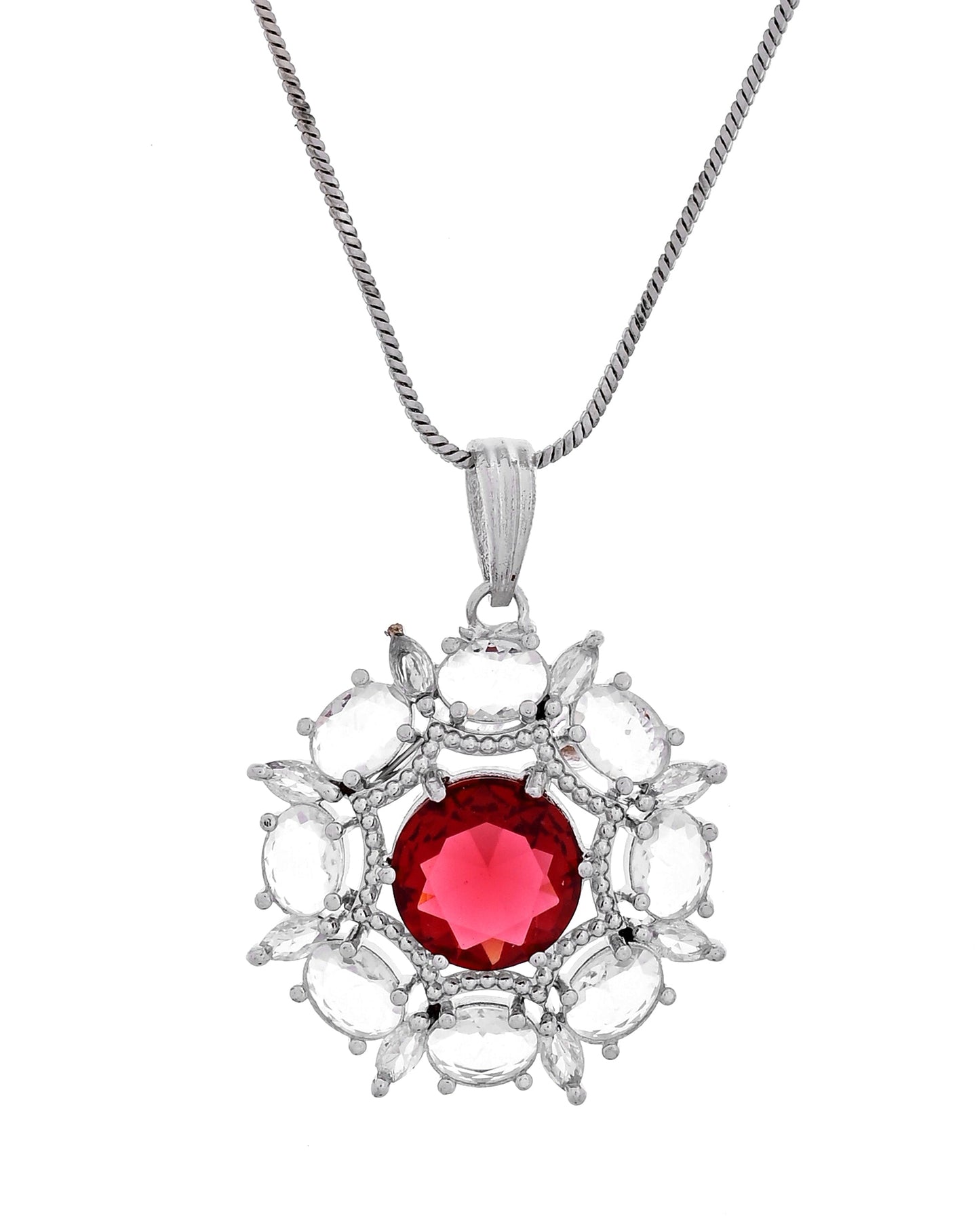 VOJ Silver Plated Ruby Red Circular Stone Studded Floral Ad Chain Set