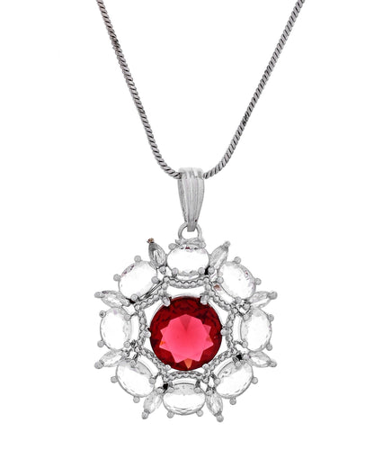 VOJ Silver Plated Ruby Red Circular Stone Studded Floral Ad Chain Set
