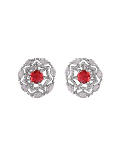 VOJ Silver Plated Ruby Red Circular Stone Studded Floral Ad Chain Set