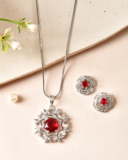 VOJ Silver Plated Ruby Red Circular Stone Studded Floral Ad Chain Set