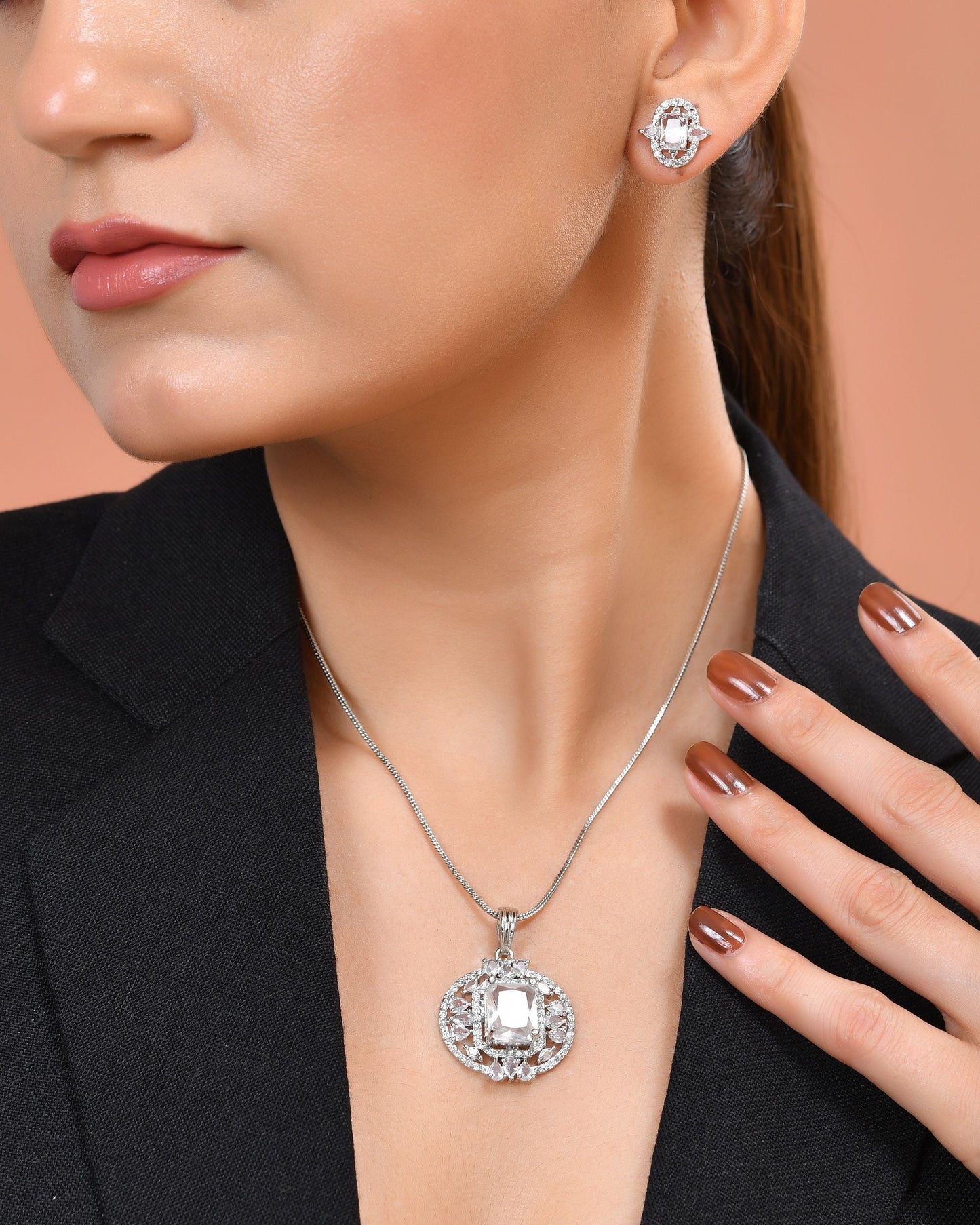 VOJ Silver Plated Rectangular Stone Studded Ad Chain Set