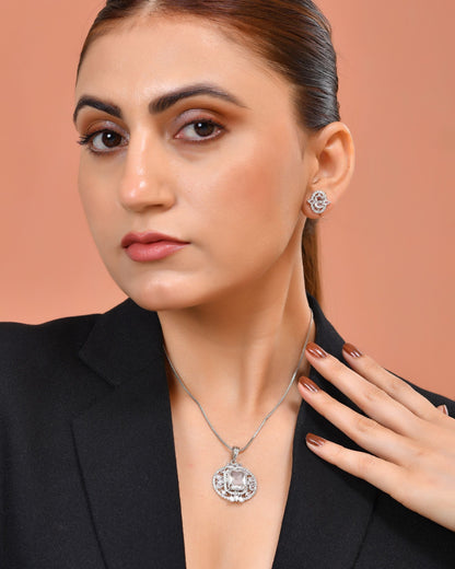 VOJ Silver Plated Rectangular Stone Studded Ad Chain Set