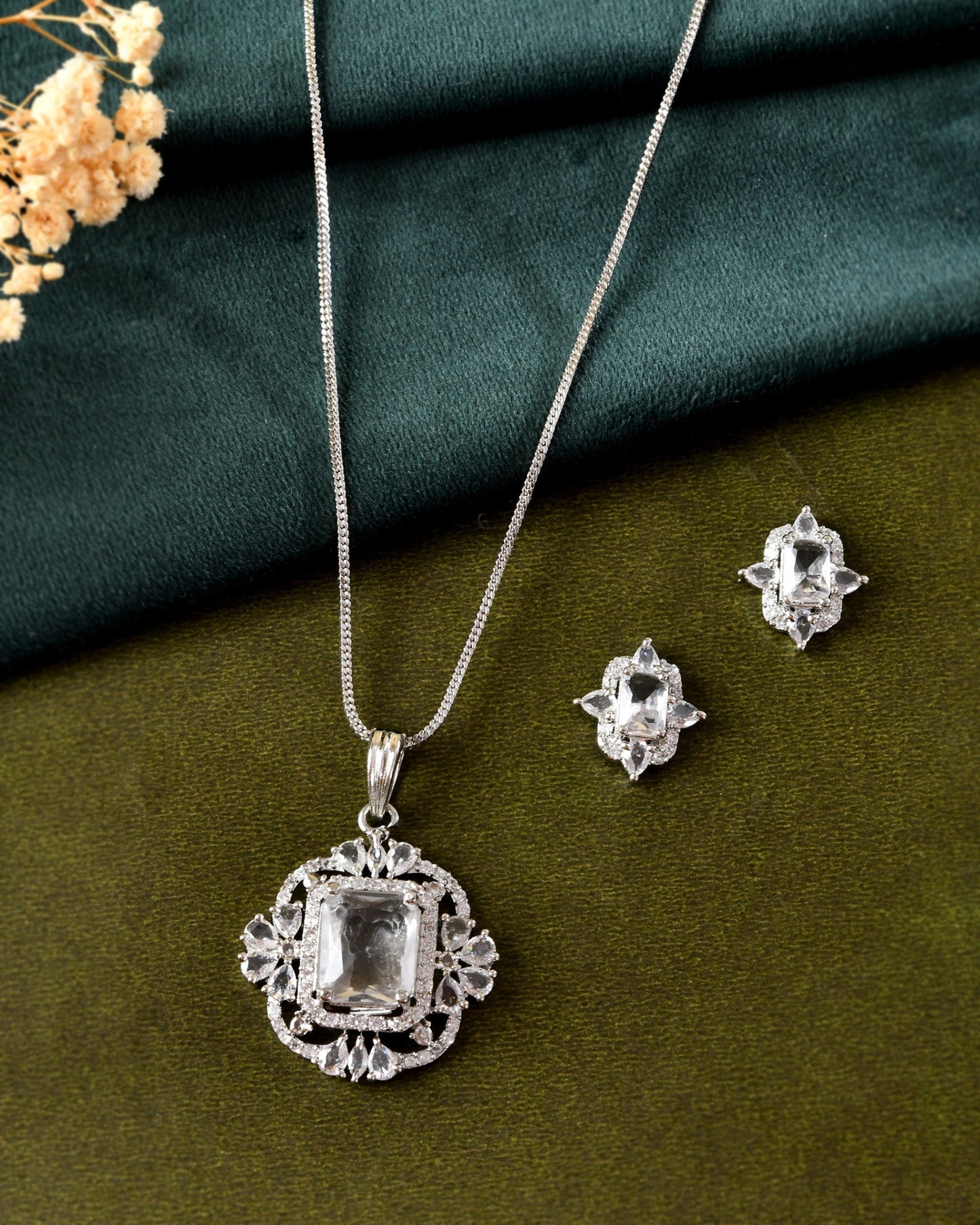 VOJ Silver Plated Rectangular Stone Studded Ad Chain Set