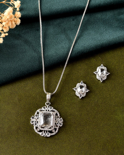 VOJ Silver Plated Rectangular Stone Studded Ad Chain Set
