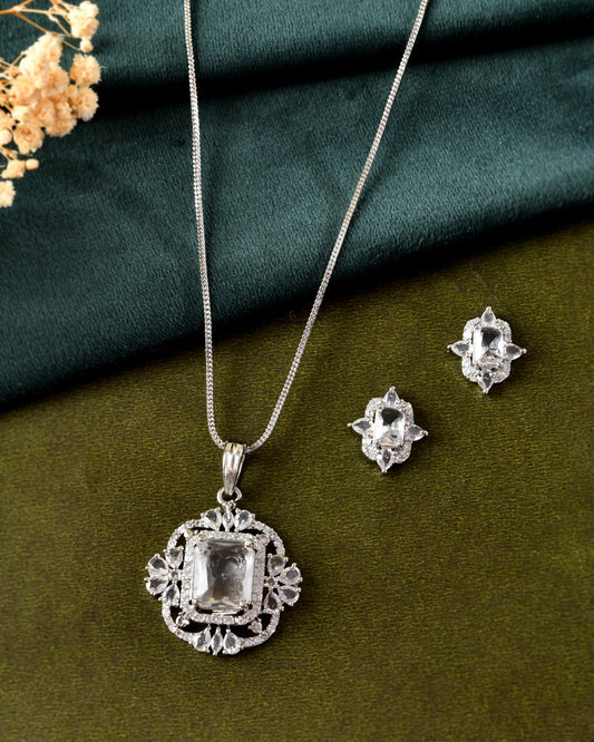 VOJ Silver Plated Rectangular Stone Studded Ad Chain Set