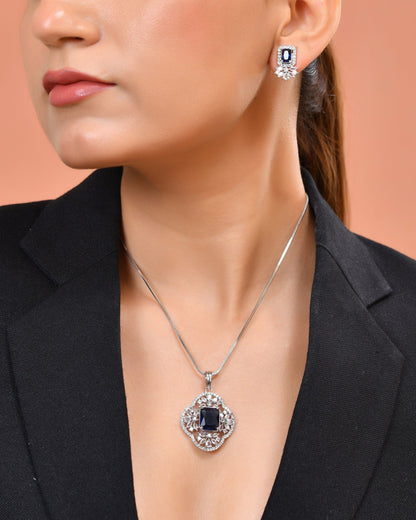 VOJ Silver Plated Blue Rectangular Stone Studded Ad Chain Set