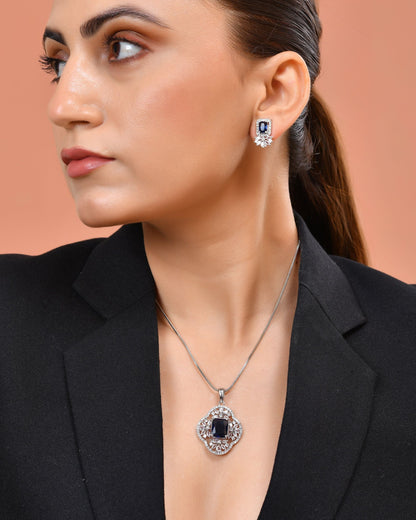 VOJ Silver Plated Blue Rectangular Stone Studded Ad Chain Set