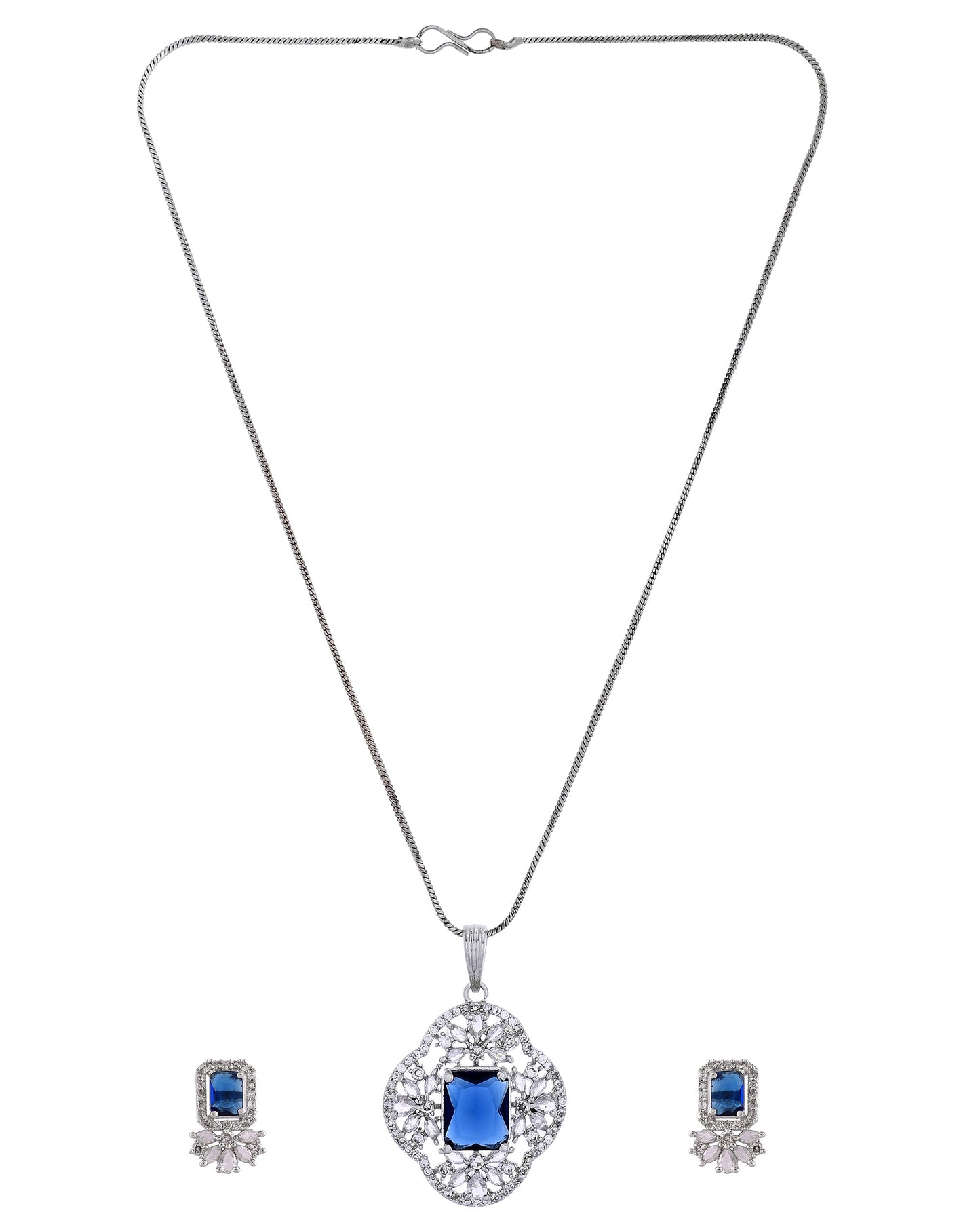 VOJ Silver Plated Blue Rectangular Stone Studded Ad Chain Set