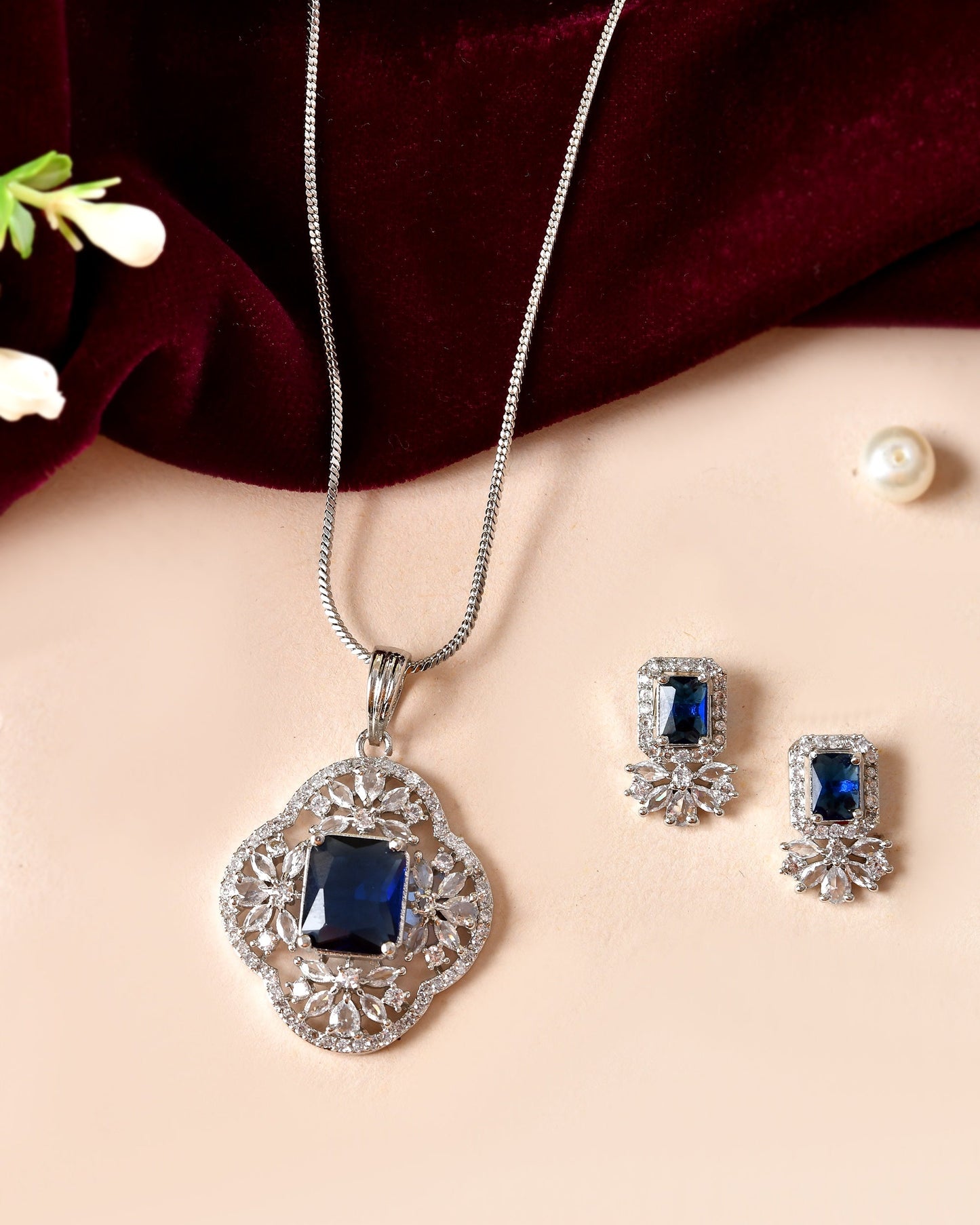 VOJ Silver Plated Blue Rectangular Stone Studded Ad Chain Set