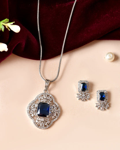 VOJ Silver Plated Blue Rectangular Stone Studded Ad Chain Set