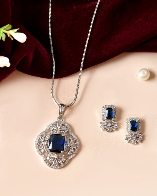 VOJ Silver Plated Blue Rectangular Stone Studded Ad Chain Set