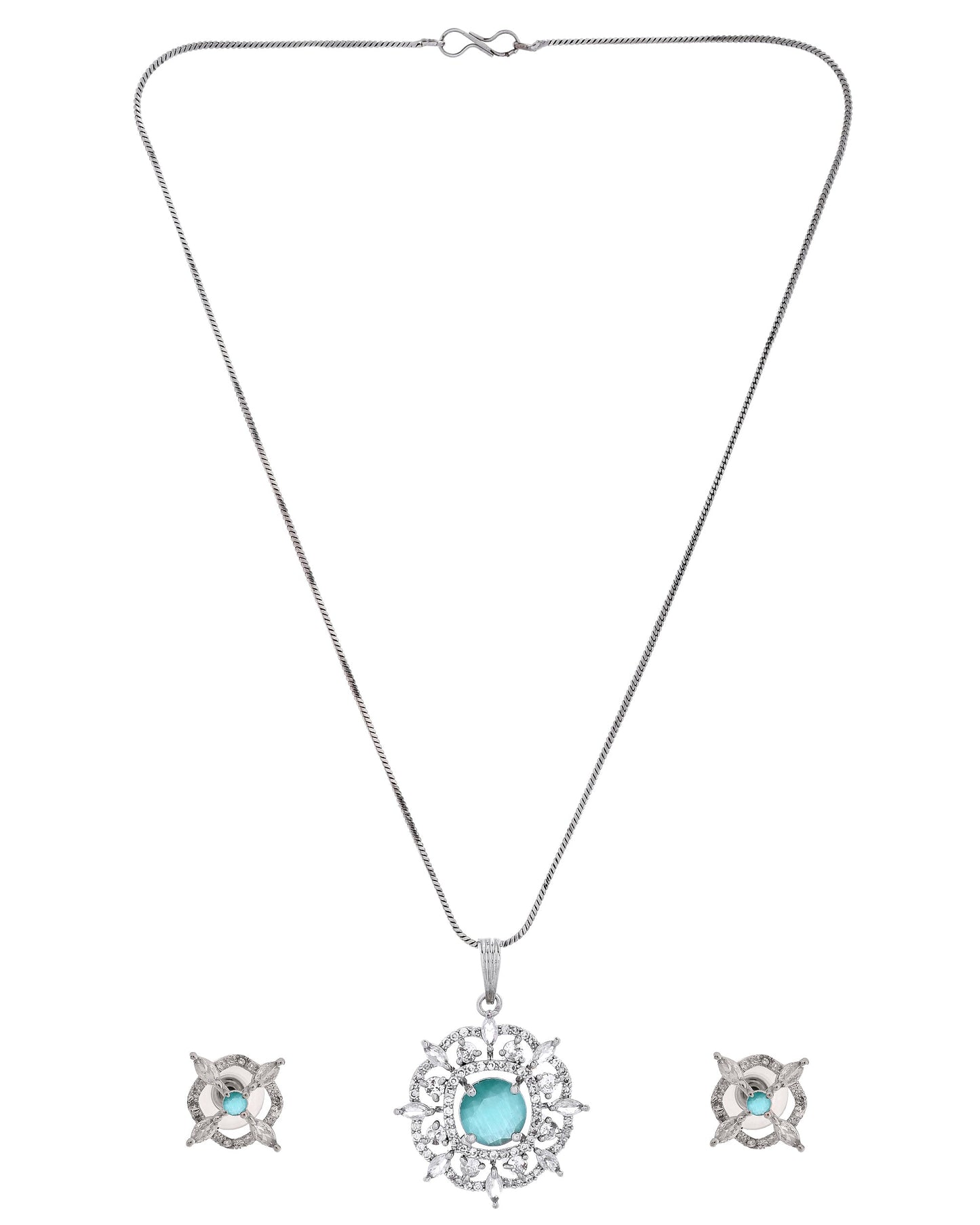 VOJ Silver Plated Sea Green Circulare Stone Studded Sun Shaped Ad Pendant With Chain Set