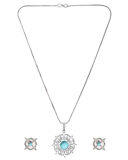 VOJ Silver Plated Sea Green Circulare Stone Studded Sun Shaped Ad Pendant With Chain Set