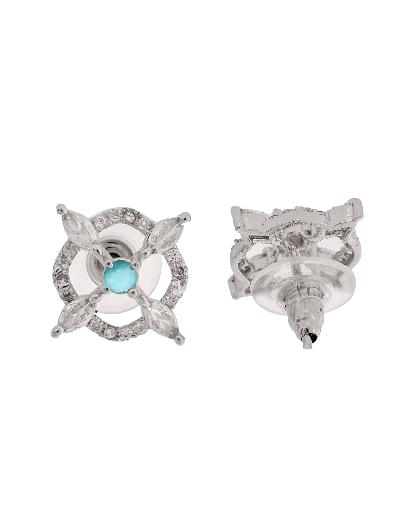 VOJ Silver Plated Sea Green Circulare Stone Studded Sun Shaped Ad Pendant With Chain Set