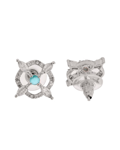 VOJ Silver Plated Sea Green Circulare Stone Studded Sun Shaped Ad Pendant With Chain Set
