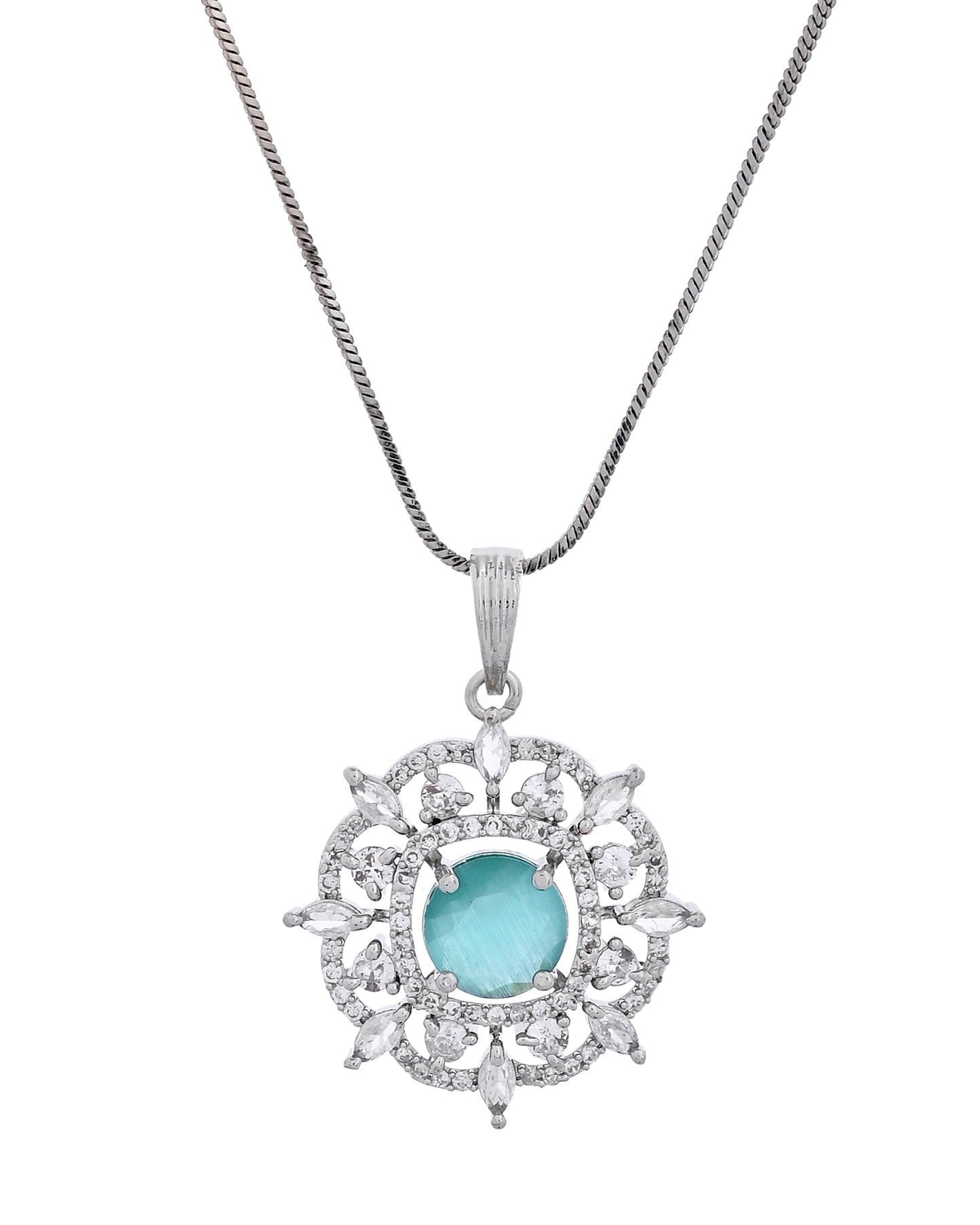VOJ Silver Plated Sea Green Circulare Stone Studded Sun Shaped Ad Pendant With Chain Set
