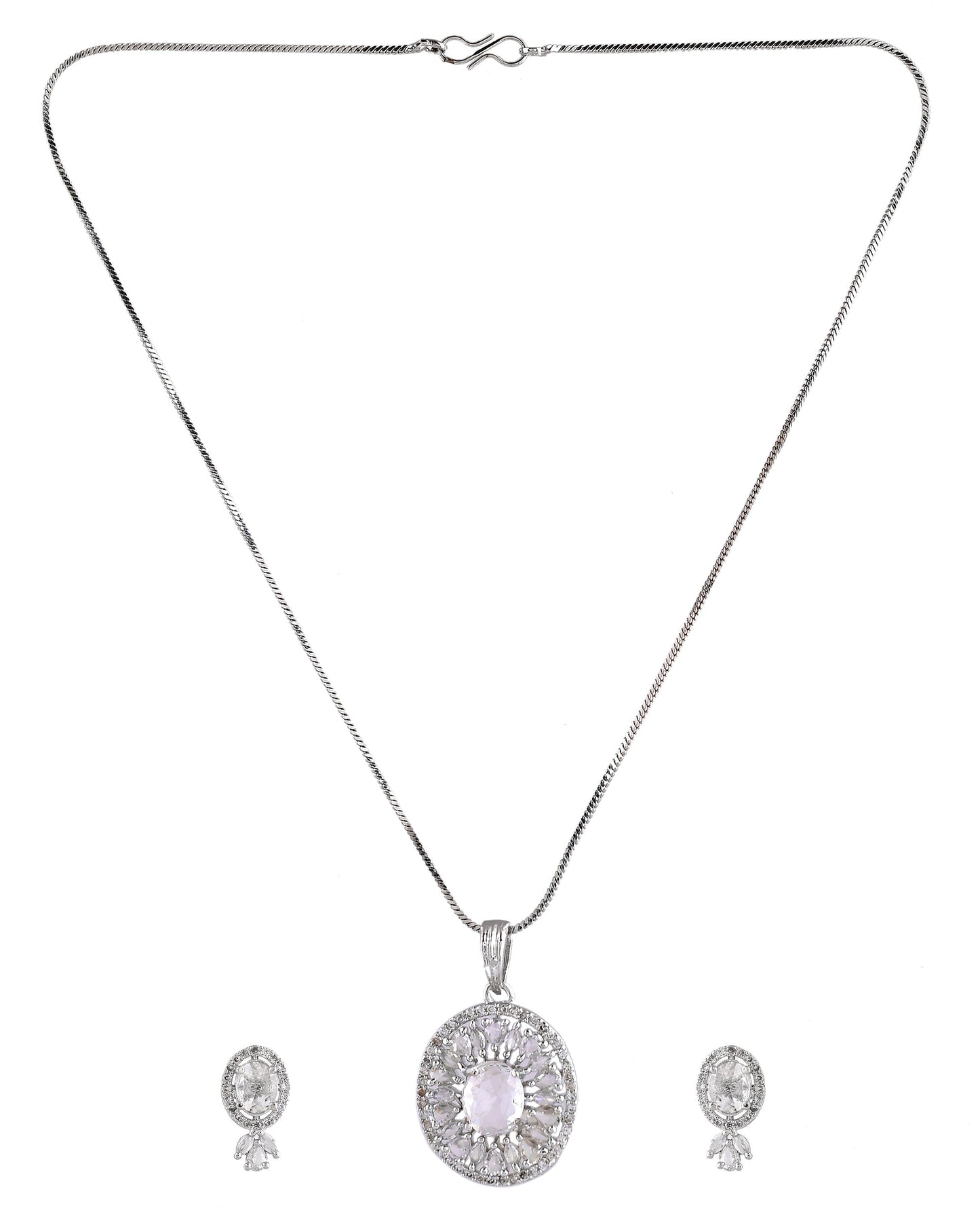 VOJ Silver Plated Oval Shaped Ad Stone Studded Chain Set