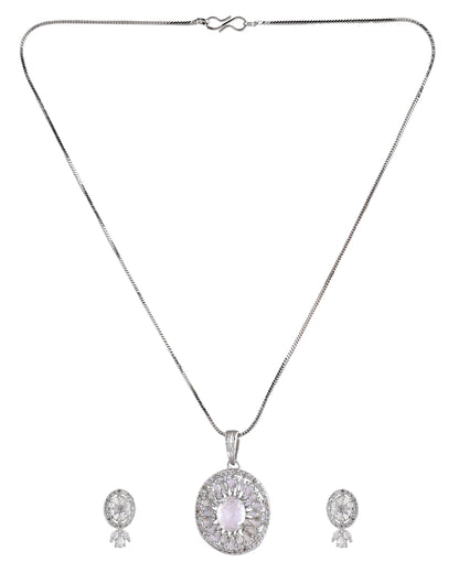VOJ Silver Plated Oval Shaped Ad Stone Studded Chain Set
