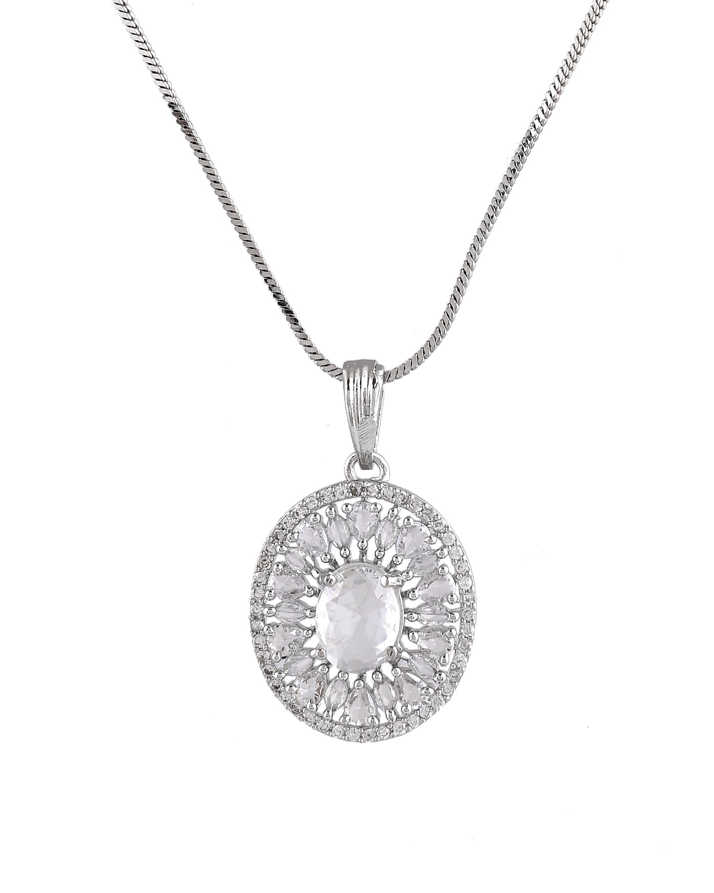 VOJ Silver Plated Oval Shaped Ad Stone Studded Chain Set