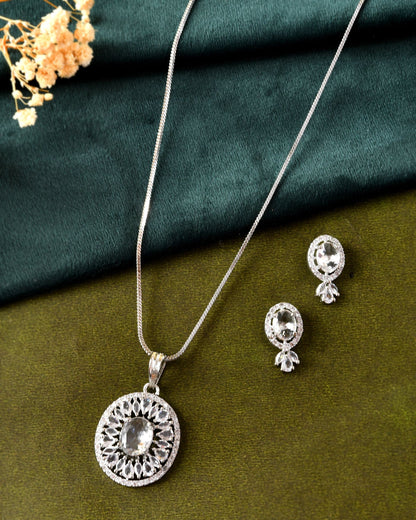 VOJ Silver Plated Oval Shaped Ad Stone Studded Chain Set