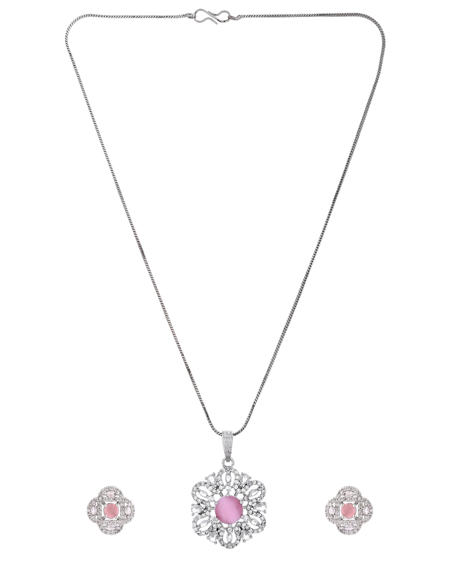 VOJ Silver Plated Floral Shaped Baby Pink Circular Ad Chain Set
