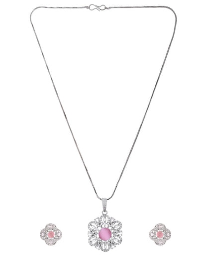 VOJ Silver Plated Floral Shaped Baby Pink Circular Ad Chain Set