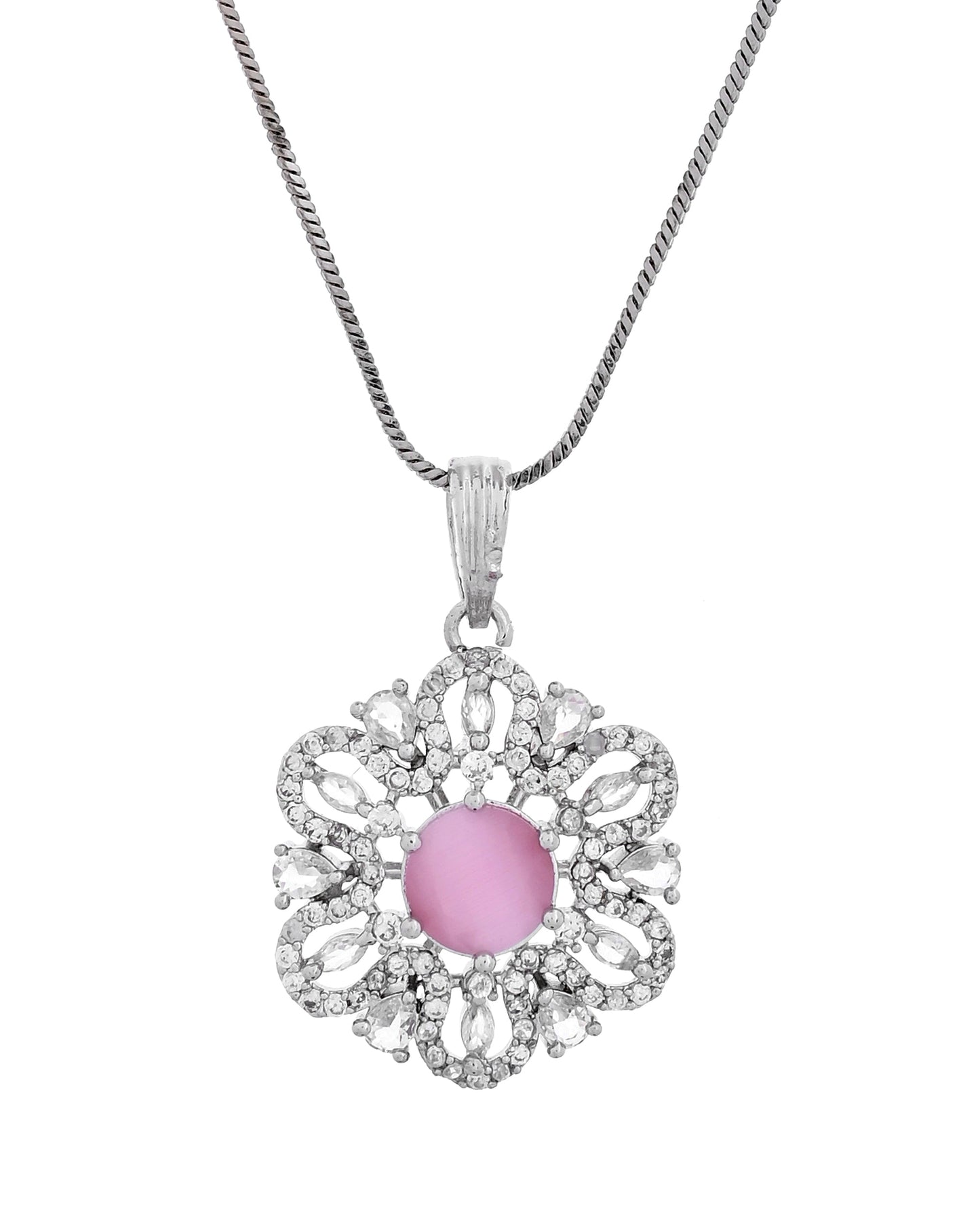 VOJ Silver Plated Floral Shaped Baby Pink Circular Ad Chain Set