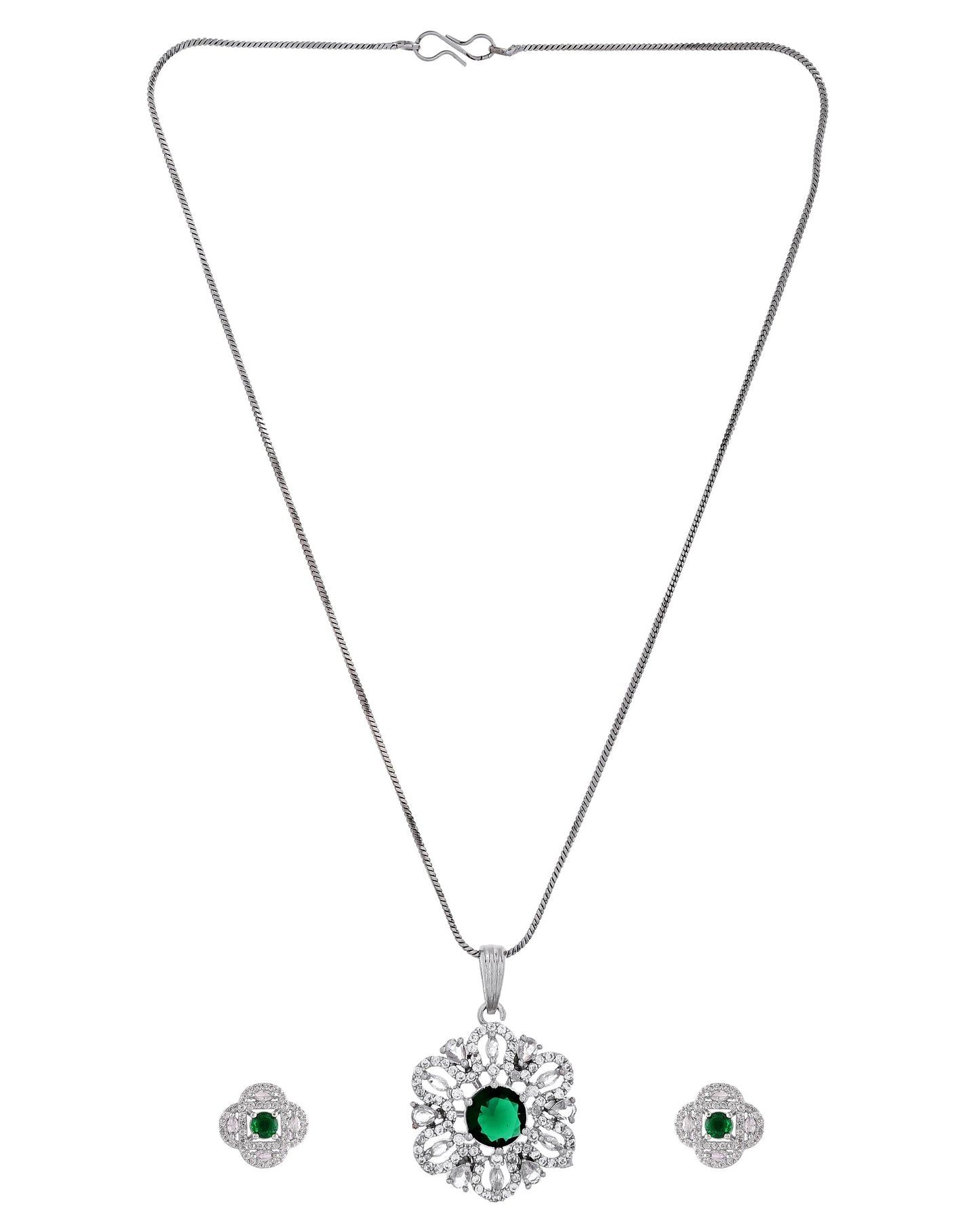 VOJ Silver Plated Floral Shaped Green Circular Ad Chain Set