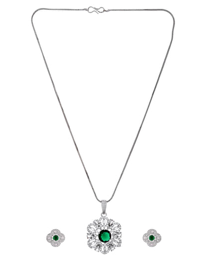 VOJ Silver Plated Floral Shaped Green Circular Ad Chain Set