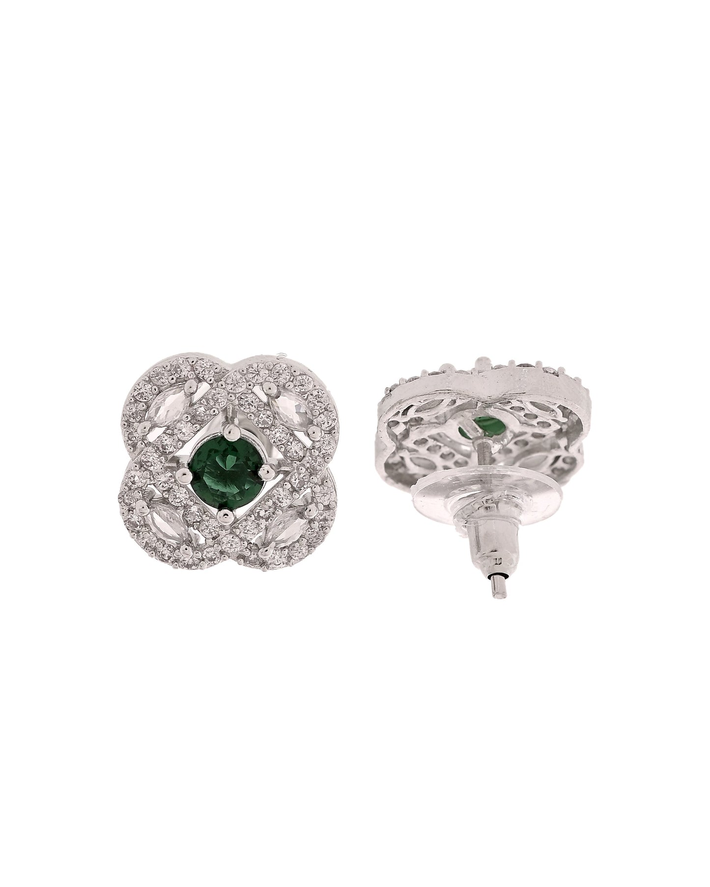 VOJ Silver Plated Floral Shaped Green Circular Ad Chain Set