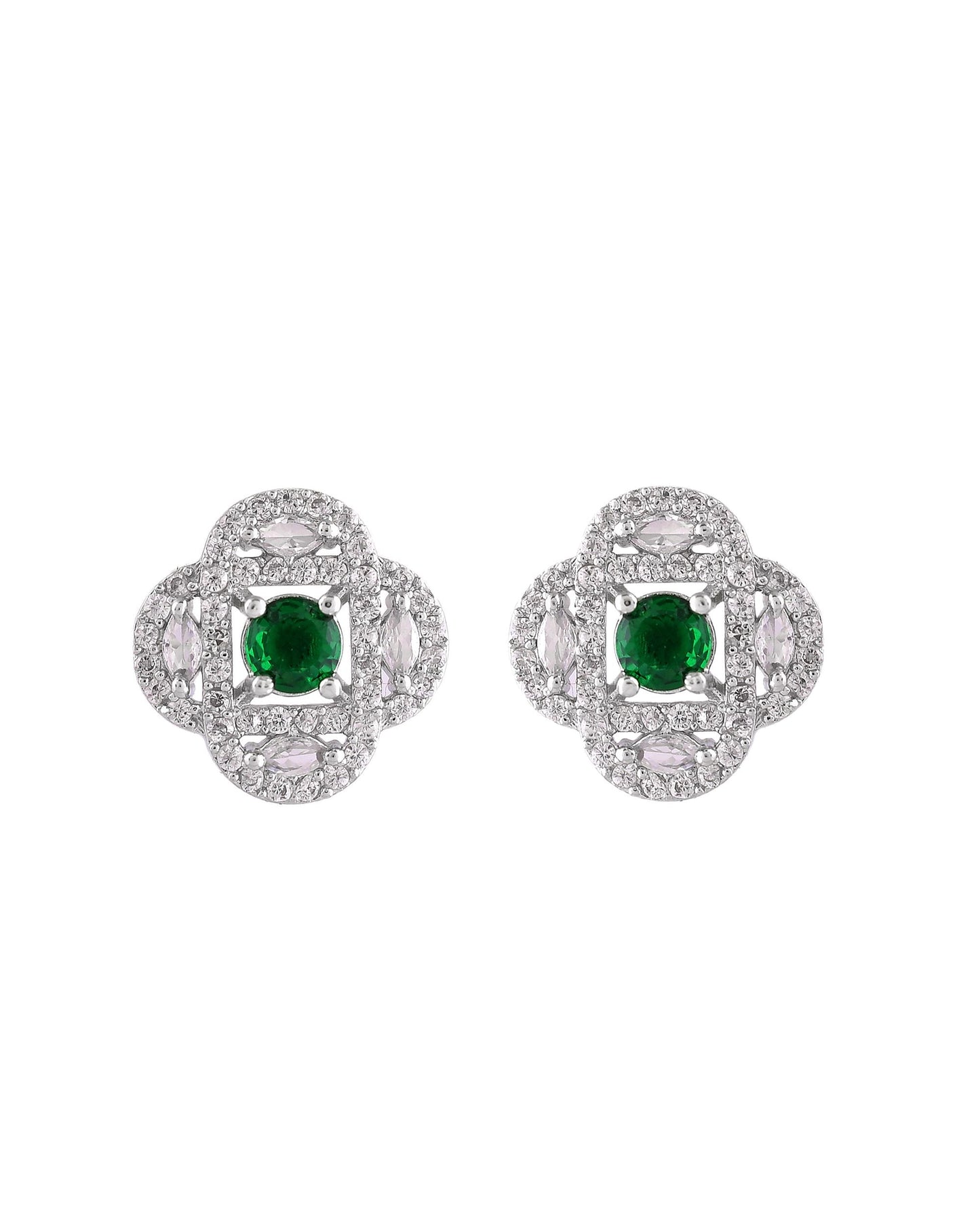 VOJ Silver Plated Floral Shaped Green Circular Ad Chain Set