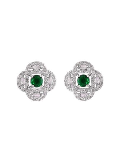VOJ Silver Plated Floral Shaped Green Circular Ad Chain Set