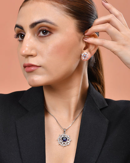 VOJ Silver Plated Blue Circular Stone Studded Sun Shaped Ad Pendant With Chain Set
