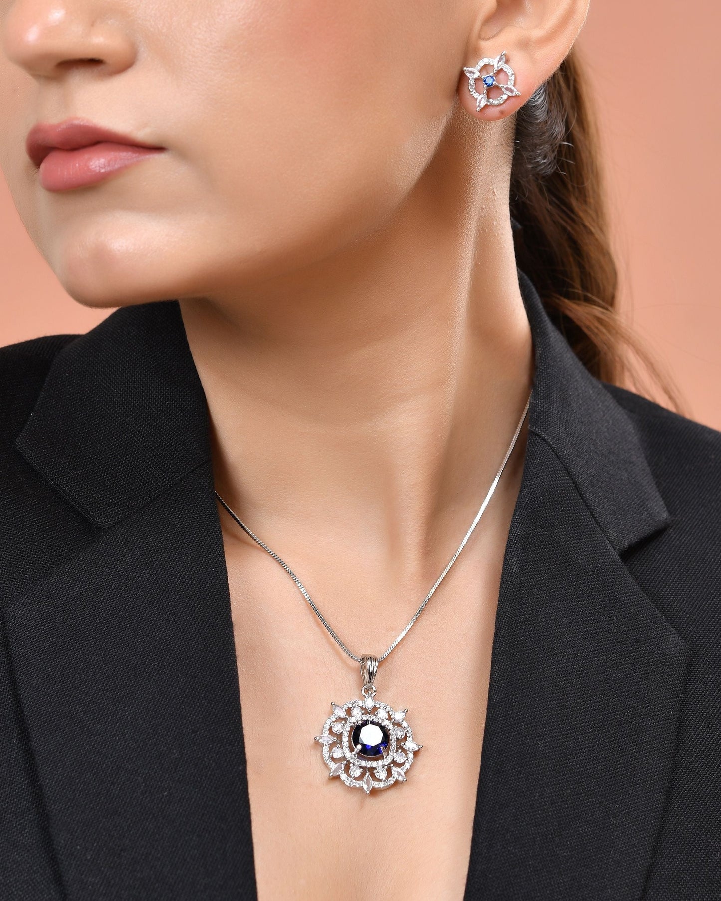 VOJ Silver Plated Blue Circular Stone Studded Sun Shaped Ad Pendant With Chain Set