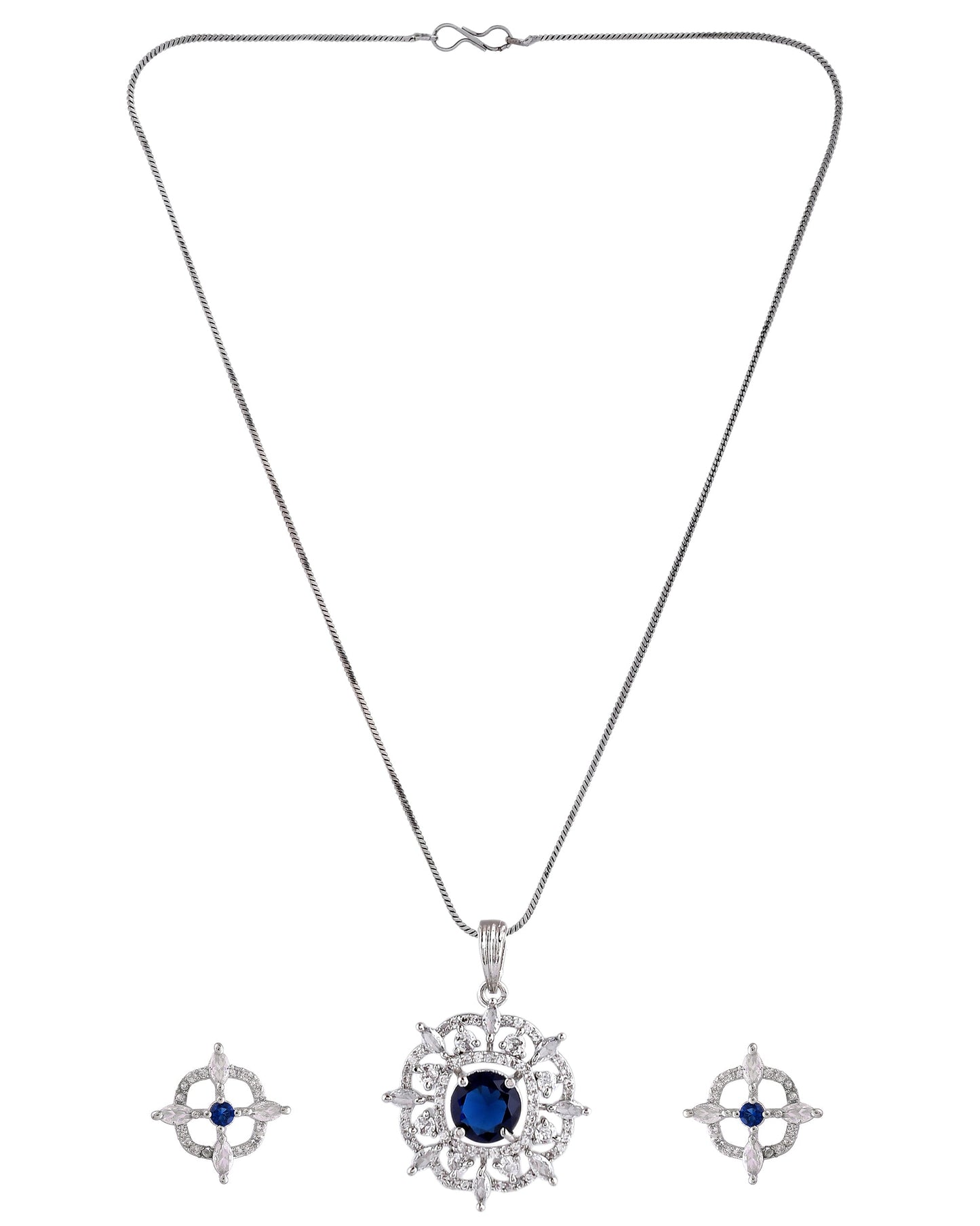 VOJ Silver Plated Blue Circular Stone Studded Sun Shaped Ad Pendant With Chain Set