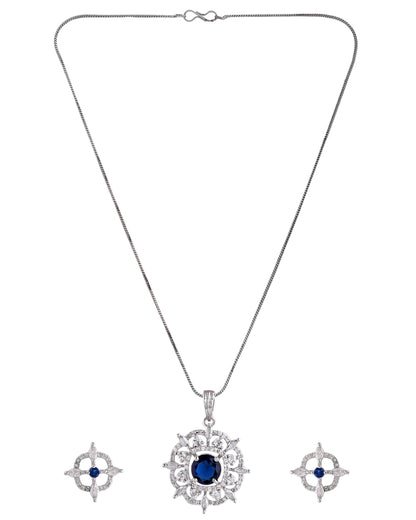 VOJ Silver Plated Blue Circular Stone Studded Sun Shaped Ad Pendant With Chain Set