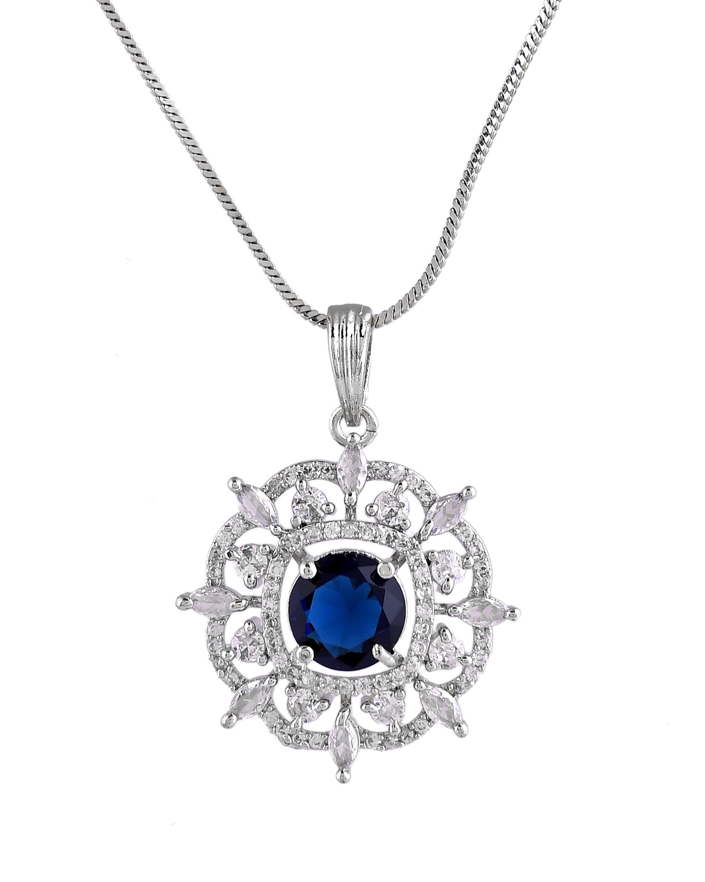 VOJ Silver Plated Blue Circular Stone Studded Sun Shaped Ad Pendant With Chain Set