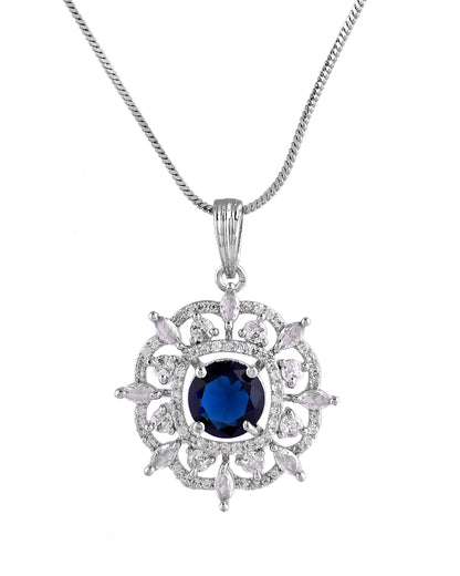 VOJ Silver Plated Blue Circular Stone Studded Sun Shaped Ad Pendant With Chain Set