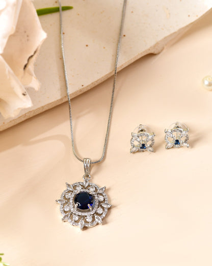 VOJ Silver Plated Blue Circular Stone Studded Sun Shaped Ad Pendant With Chain Set