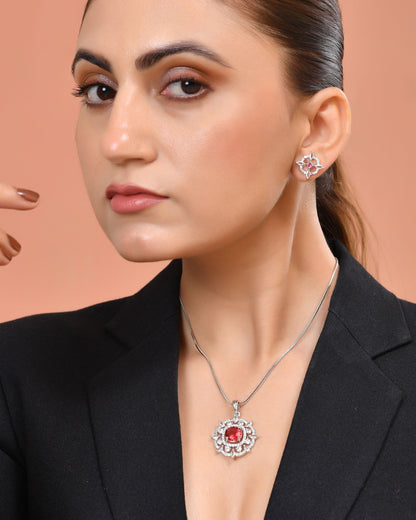 VOJ Silver Plated Ruby Red Circular Stone Studded Sun Shaped Ad Pendant With Chain Set