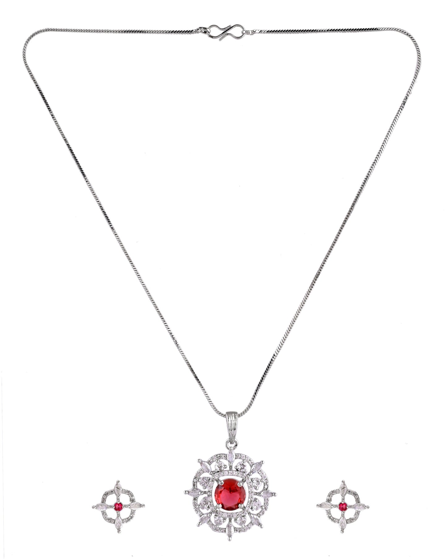 VOJ Silver Plated Ruby Red Circular Stone Studded Sun Shaped Ad Pendant With Chain Set