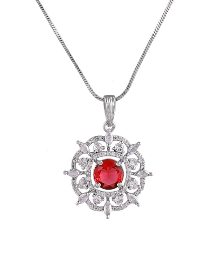 VOJ Silver Plated Ruby Red Circular Stone Studded Sun Shaped Ad Pendant With Chain Set