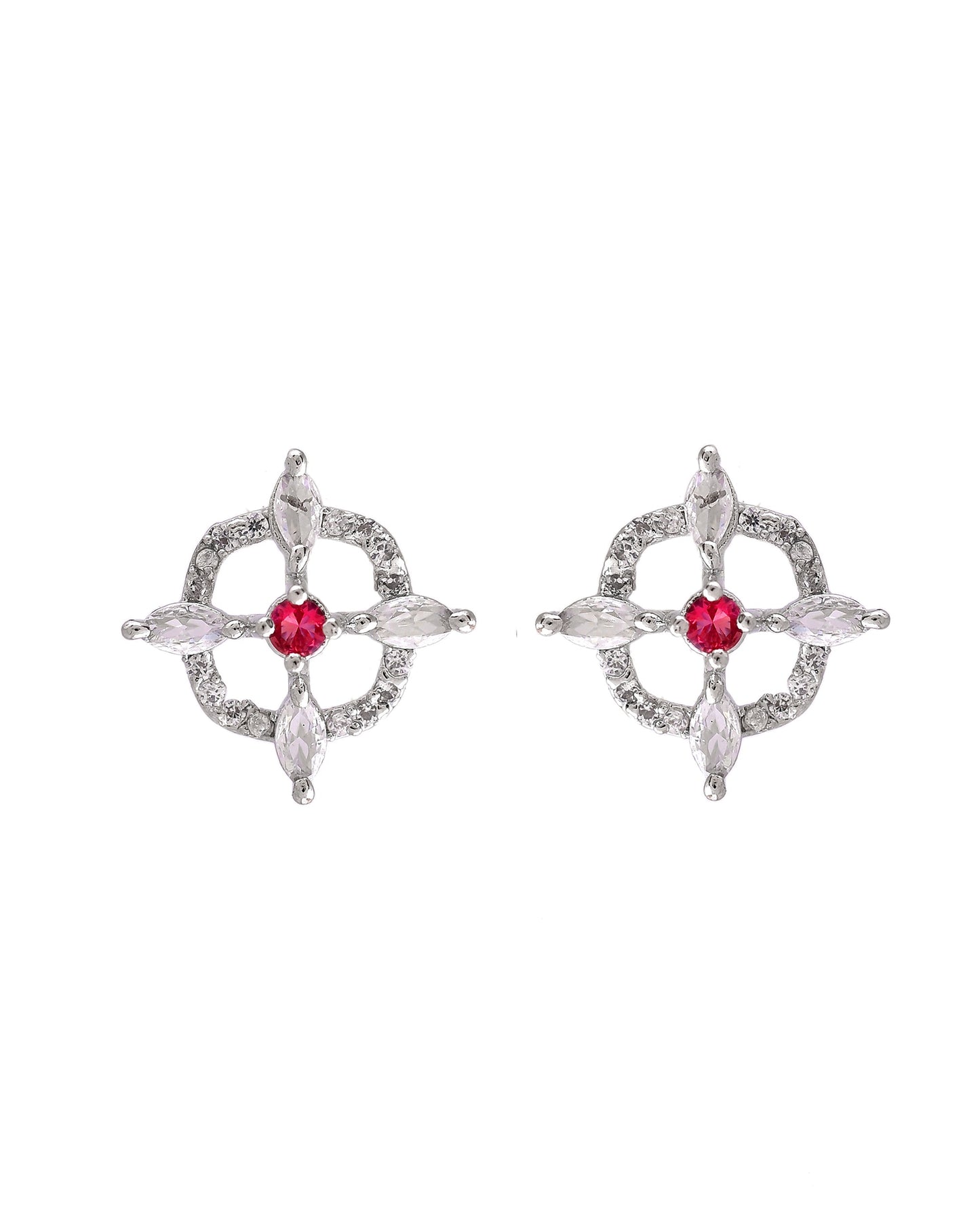 VOJ Silver Plated Ruby Red Circular Stone Studded Sun Shaped Ad Pendant With Chain Set
